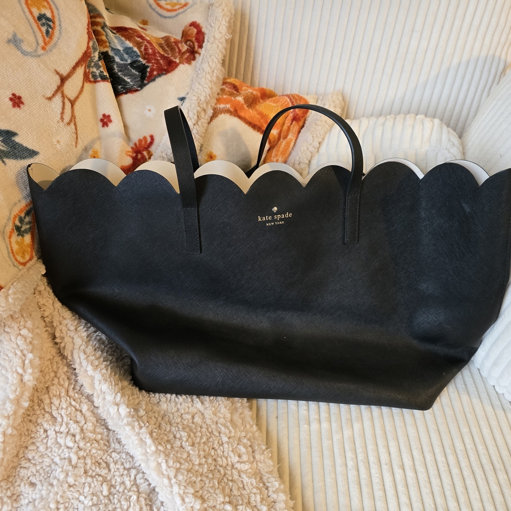 Kate Spade Black Leather Tote with Scalloped Edge